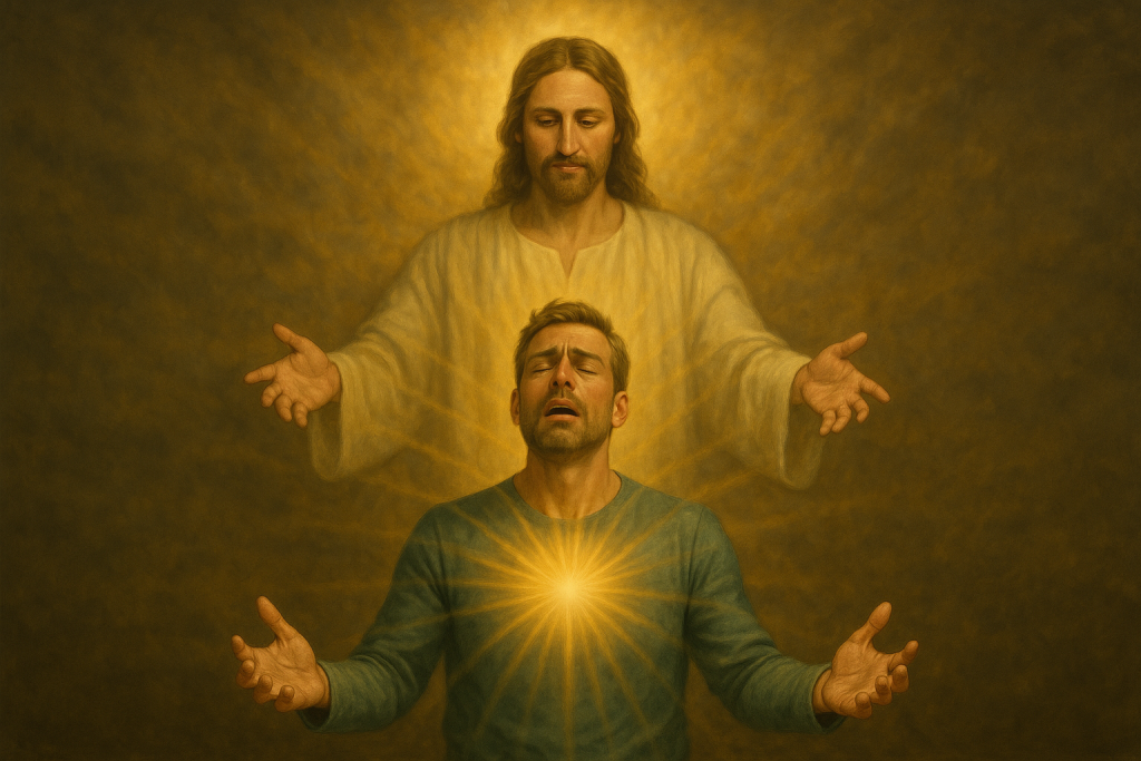 A Christian painting of Jesus Christ with open arms standing behind a man as the Holy Spirit fills his heart with radiant golden light.