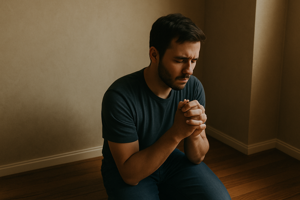 A man kneeling on the floor with clasped hands, praying in repentance before God