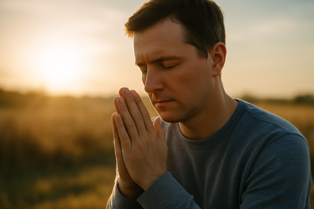 A person kneeling in prayer at sunrise with hands clasped, showing devotion and faith in a peaceful natural setting.