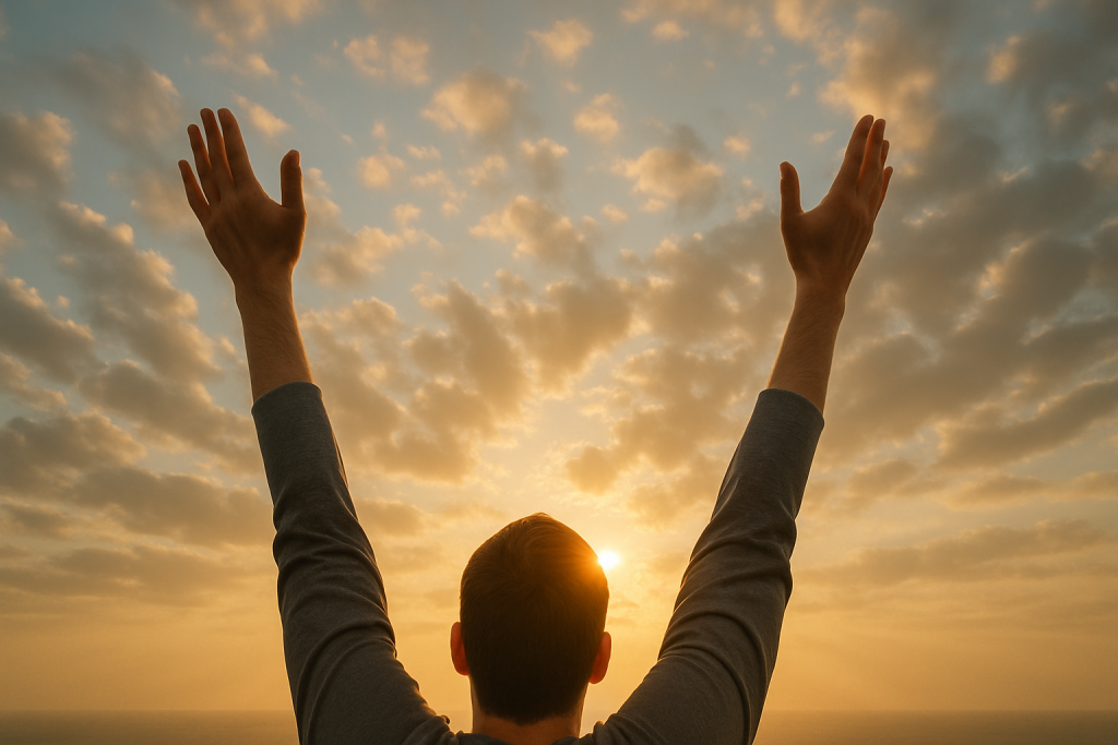 A person seen from behind with arms fully raised toward the sky at sunset, symbolizing faith, surrender, and belief in God