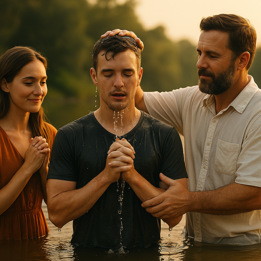 A young man being baptized in a river by a pastor, with water pouring over his head, symbolizing faith, renewal, and new life in Christ.