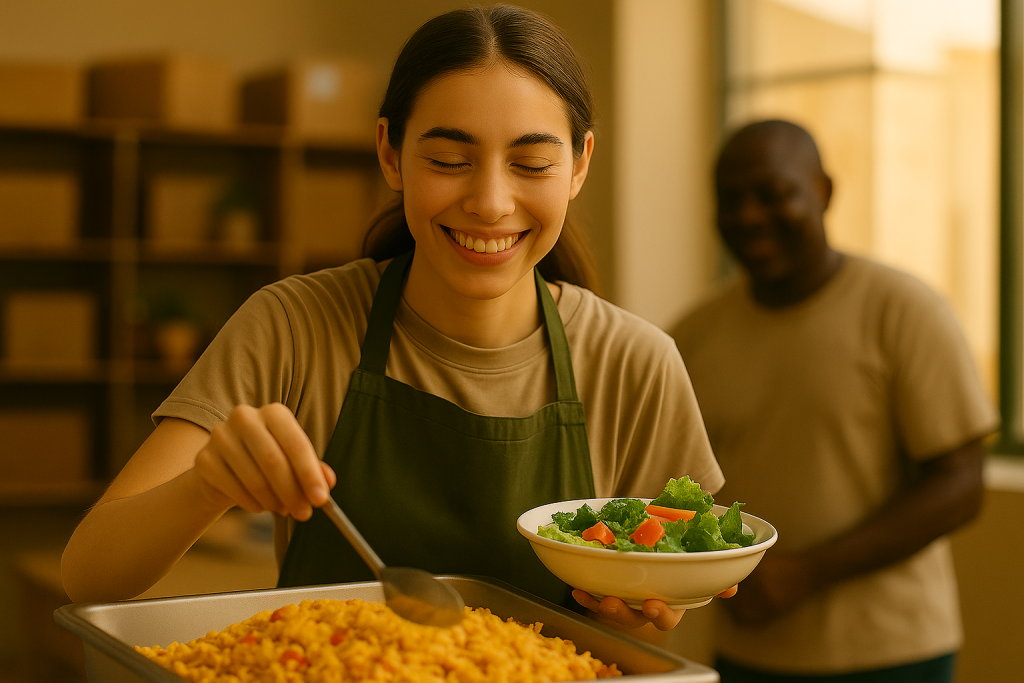 Christian woman joyfully serving food to others, living out biblical obedience through acts of service.