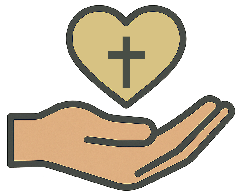 Christian donation icon with a hand holding a heart and cross symbol, representing giving to help save lives and share the gospel.