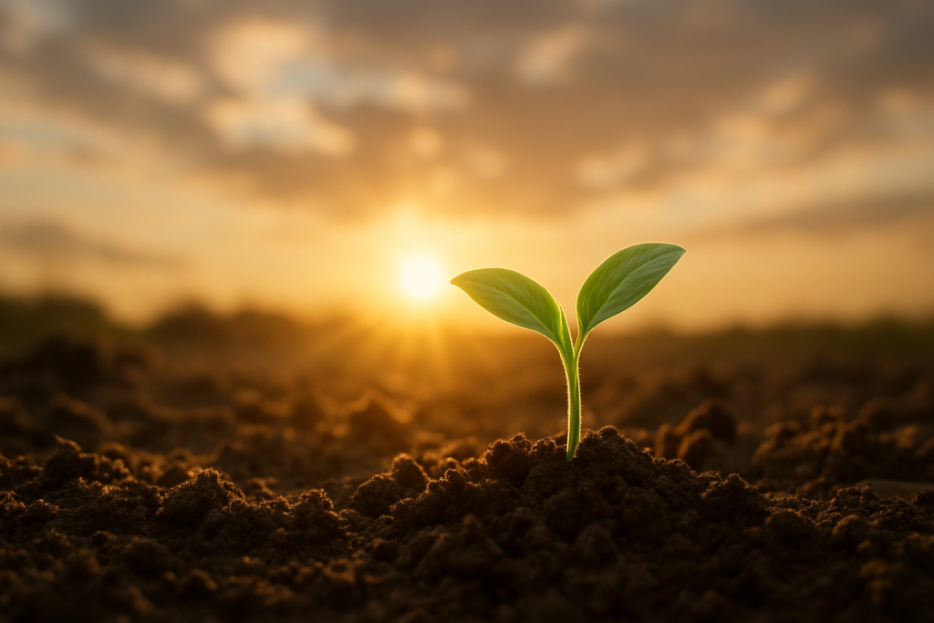 A small green seedling emerges from dark soil with golden sunlight shining behind it, symbolizing growth and new beginnings in faith.