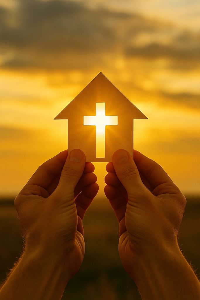 Two hands holding a house-shaped cutout with a cross in the center, glowing with sunlight at sunset, symbolizing finding a home church and faith community.