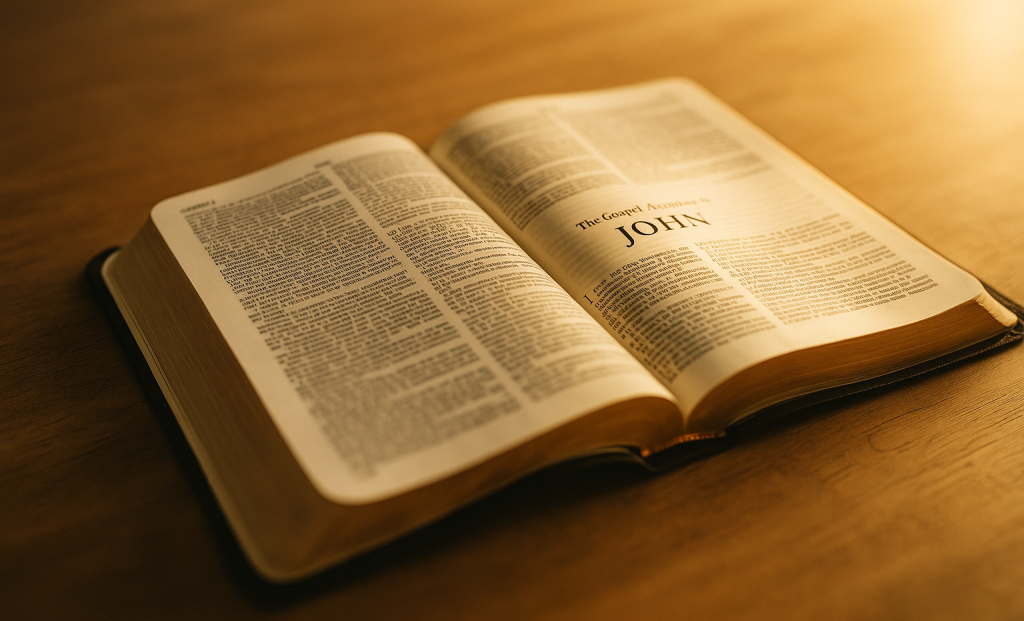 An open Bible on a wooden table with sunlight highlighting the title ‘The Gospel According to John,’ symbolizing guidance and a fresh start in Scripture.