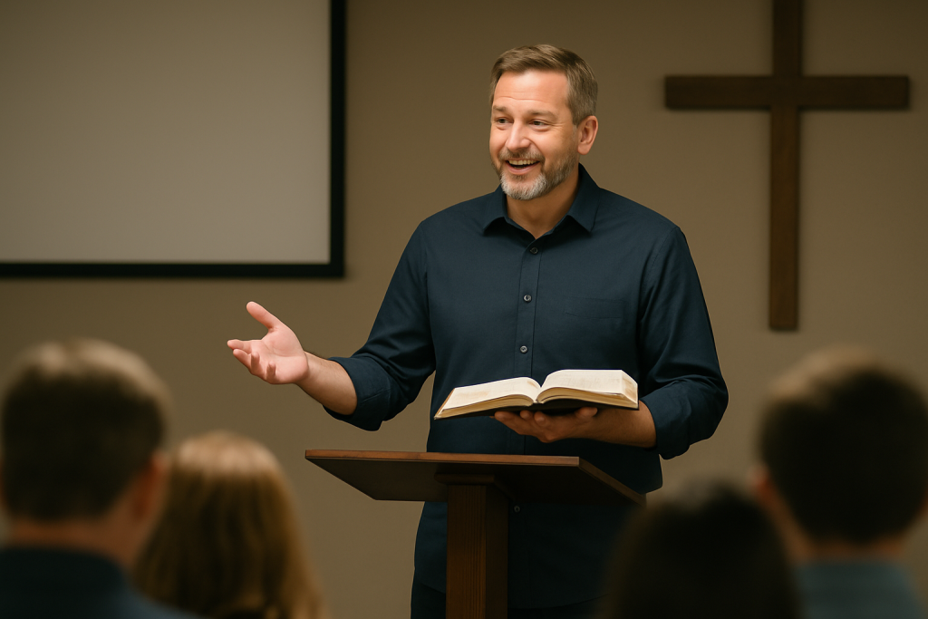 A middle-aged pastor stands behind a wooden pulpit, holding an open Bible while preaching to a congregation in a simple church setting.
