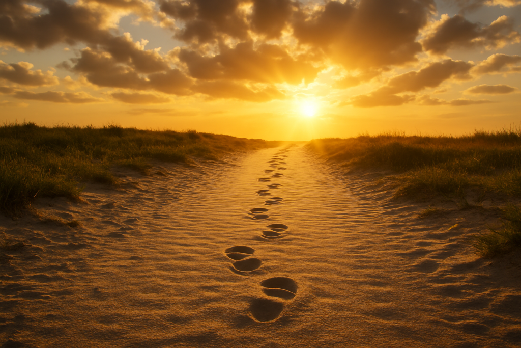 Footsteps on a path leading into the light, symbolizing the journey to salvation in Christ