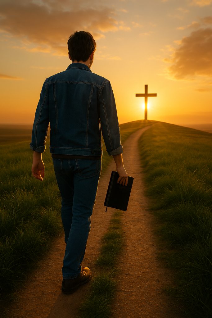 A man holding a Bible walks along a dirt path toward a cross on a hill at sunset, symbolizing growing in faith after salvation.